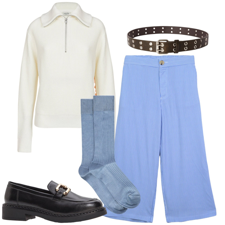 Outfit donna - Calzini e mocassini. Stile Urban per Tutti i giorni. Abbinamento con mocassini, pantaloni a palazzo, cinture, calzini, maglieria.