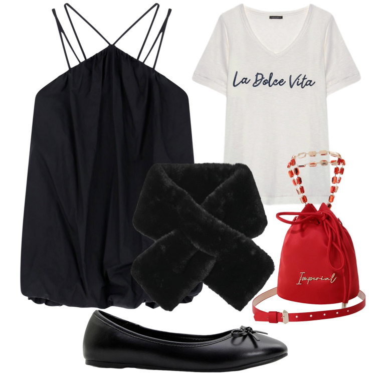 Outfit donna - Sleepdress e t-shirt. Stile Trendy per Serata fuori. Abbinamento con ballerine, sciarpe, borse a secchiello, vestiti corti, t-shirt.