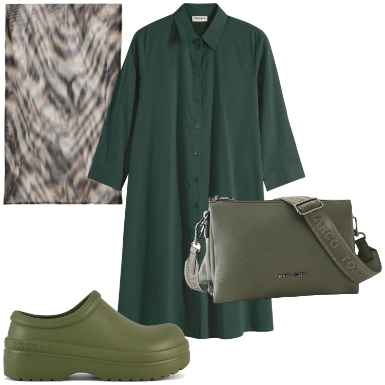 Outfit donna - Verde bottiglia. Stile Basic per Tutti i giorni. Abbinamento con vestiti chemisier, borse a tracolla, sandali, foulard.