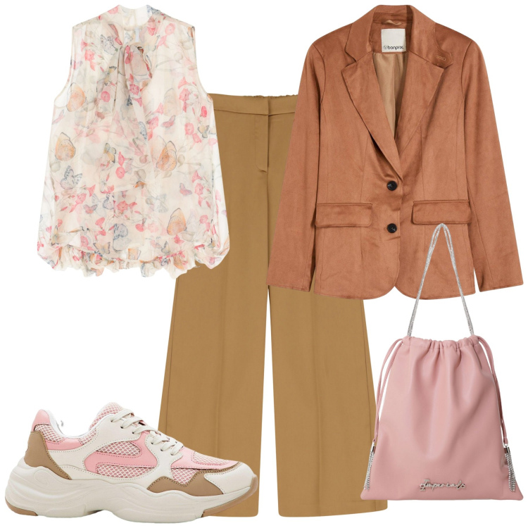 Outfit donna - Rosa e tabacco. Stile Urban per Tutti i giorni. Abbinamento con sneakers, blazer, camicie, borse a secchiello, pantaloni.