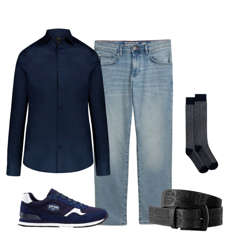 Outfit uomo - Office casual. Stile Business/Elegante per Ufficio. Abbinamento con cinture, sneakers, jeans dritti, camicie, calzini.