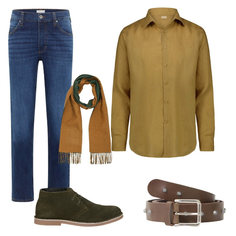 Outfit uomo - Caduta di stile autunnale. Stile Casual per Tutti i giorni. Abbinamento con jeans dritti, cinture, camicie, stivali e stivaletti, sciarpe.