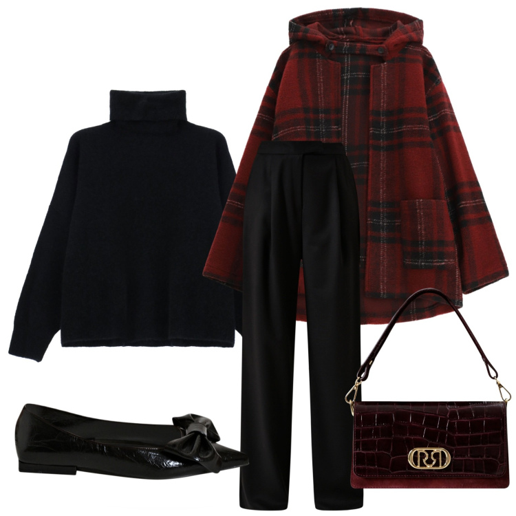 Outfit donna - Ritorno del tartan. Stile Casual chic per Serata fuori. Abbinamento con pantaloni, ballerine, borse a mano, caban, maglieria.