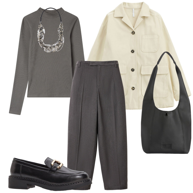 Outfit donna - In città. Stile Casual chic per Tutti i giorni. Abbinamento con mocassini, pantaloni, t-shirt, cappotti, borse a spalla, collane.