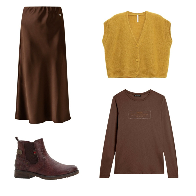 Outfit donna - Aperitivo in città. Stile Casual per Tutti i giorni. Abbinamento con stivaletti, gonne longuette, cardigans, t-shirt.