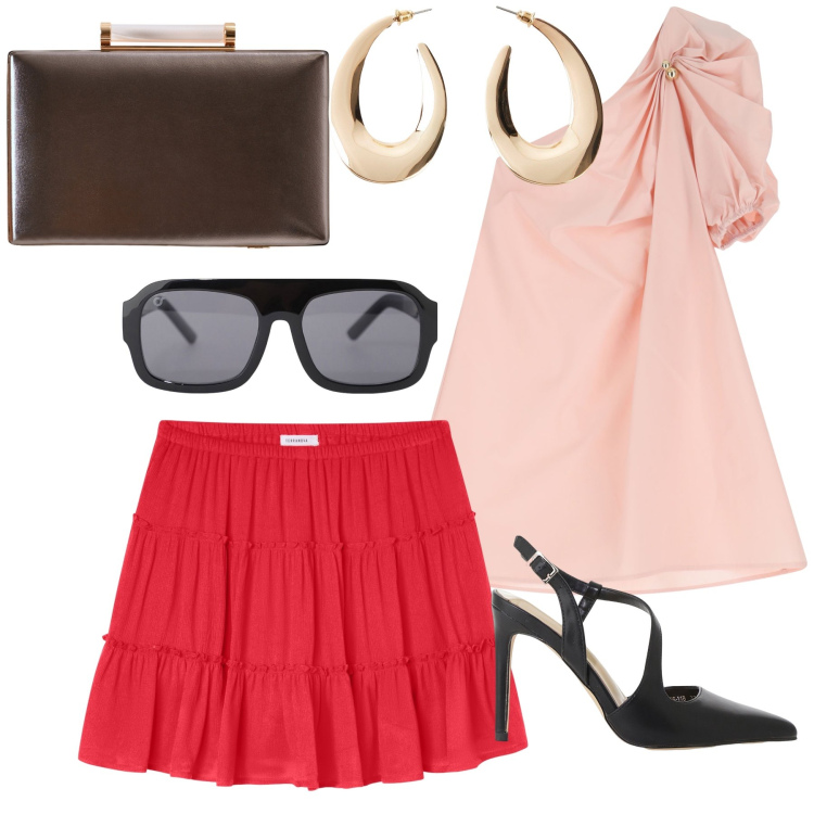 Outfit donna - Graziosa. Stile Glamour per Serata fuori. Abbinamento con orecchini, minigonne, clutch, vestiti corti, décolleté, occhiali da sole.