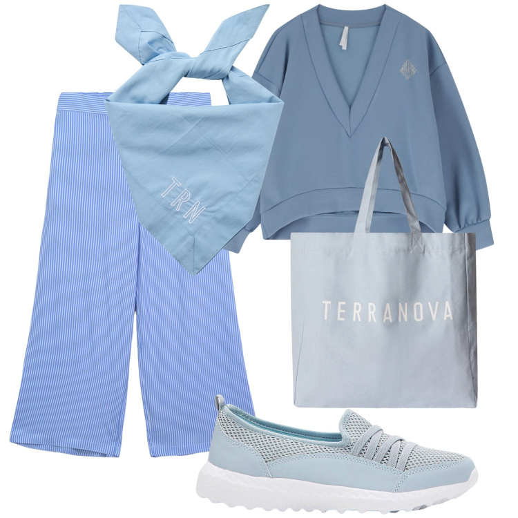 Outfit donna - Sotto un cielo azzurro. Stile Casual chic per Tutti i giorni. Abbinamento con sneakers, pantaloni a palazzo, foulard, borse tote, maglieria.