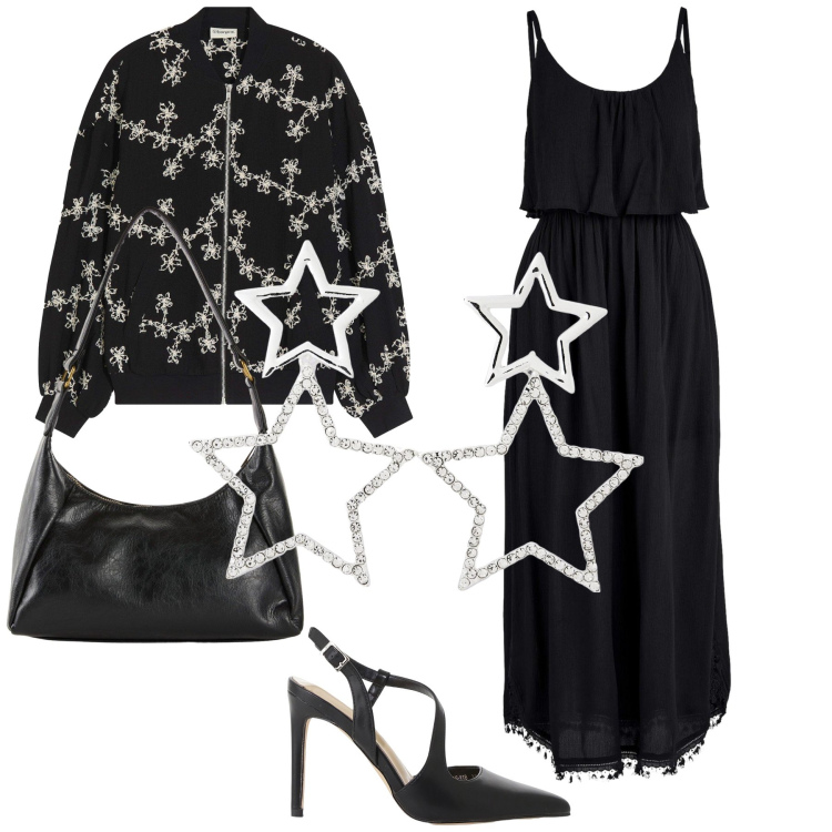 Outfit donna - Una pioggia di stelline. Stile Bon Ton per Serata fuori. Abbinamento con vestiti midi/longuette, borse a mano, bomber, orecchini, décolleté.