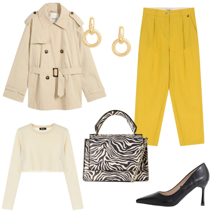 Outfit donna - Giallo, Beige e zebra stile. Stile Casual per Tutti i giorni. Abbinamento con trench, borse a tracolla, décolleté, pullovers, pantaloni, orecchini.