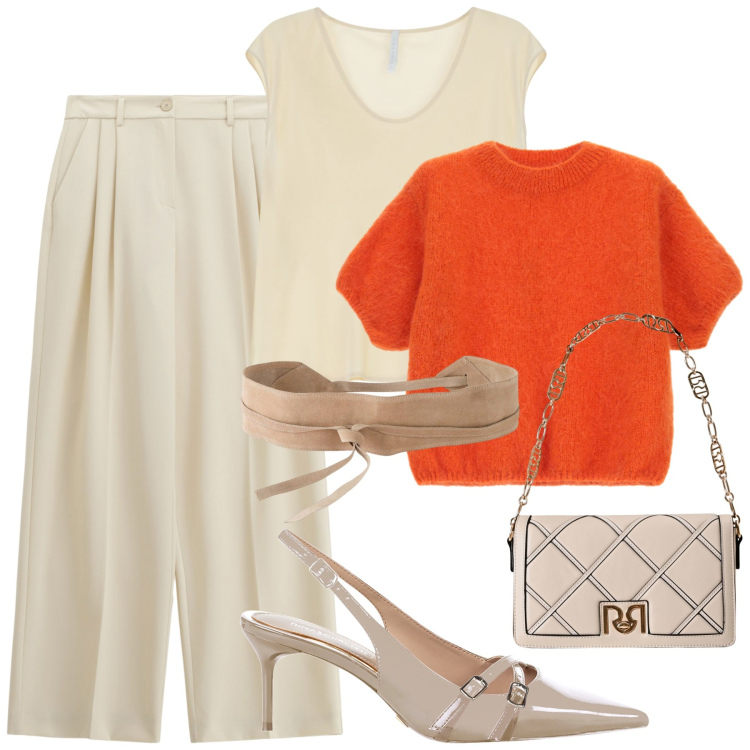 Outfit donna - Lady chic. Stile Bon Ton per Ufficio. Abbinamento con cinture, borse a tracolla, décolleté, maglieria, top, pantaloni a palazzo.
