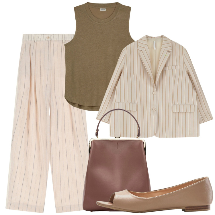 Outfit donna - Completo gessato. Stile Casual chic per Ufficio. Abbinamento con ballerine, pantaloni a palazzo, blazer, borse a spalla, top.