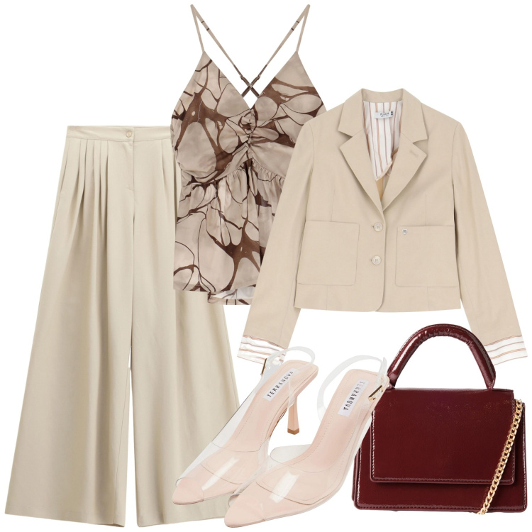 Outfit donna - Top floreale. Stile Bon Ton per Ufficio. Abbinamento con sandali col tacco, borse a tracolla, blazer, canottiere, pantaloni a palazzo.