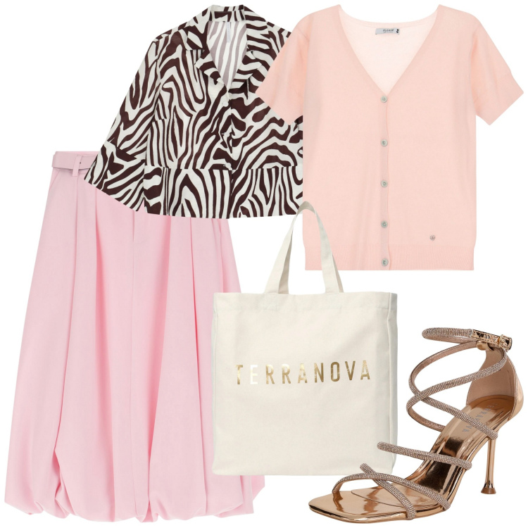 Outfit donna - Rosa e animalier. Stile Trendy per Tutti i giorni. Abbinamento con sandali col tacco, borse tote, cardigans, gonne longuette, camicie.