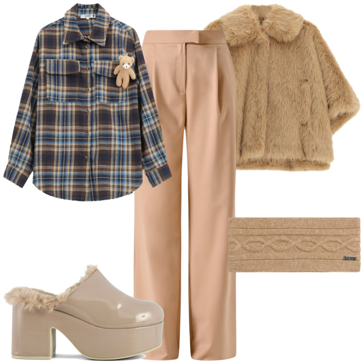 Outfit donna - Autunno. Stile Trendy per Tutti i giorni. Abbinamento con pantaloni, camicie, blazer, accessori per capelli, sabot.