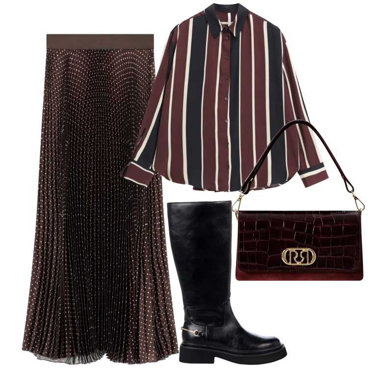 Outfit donna - Righe e pois. Stile Trendy per Tutti i giorni. Abbinamento con borse a mano, stivali sopra il ginocchio, gonne lunghe, camicie.
