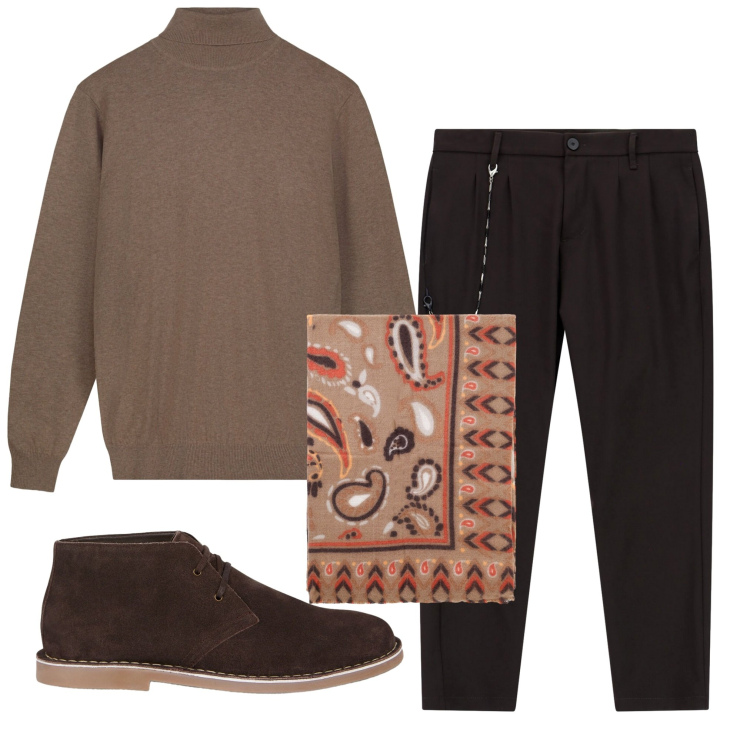 Outfit uomo - Molto casual. Stile Casual per Tutti i giorni. Abbinamento con pantaloni, sciarpe e foulard, stivali e stivaletti, maglieria.