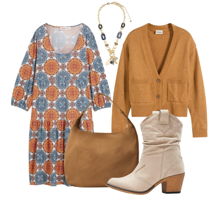 Outfit donna - Etnico - color senape. Stile Etnico per Tutti i giorni. Abbinamento con vestiti, stivaletti texani, cardigans, borse a mano, collane.