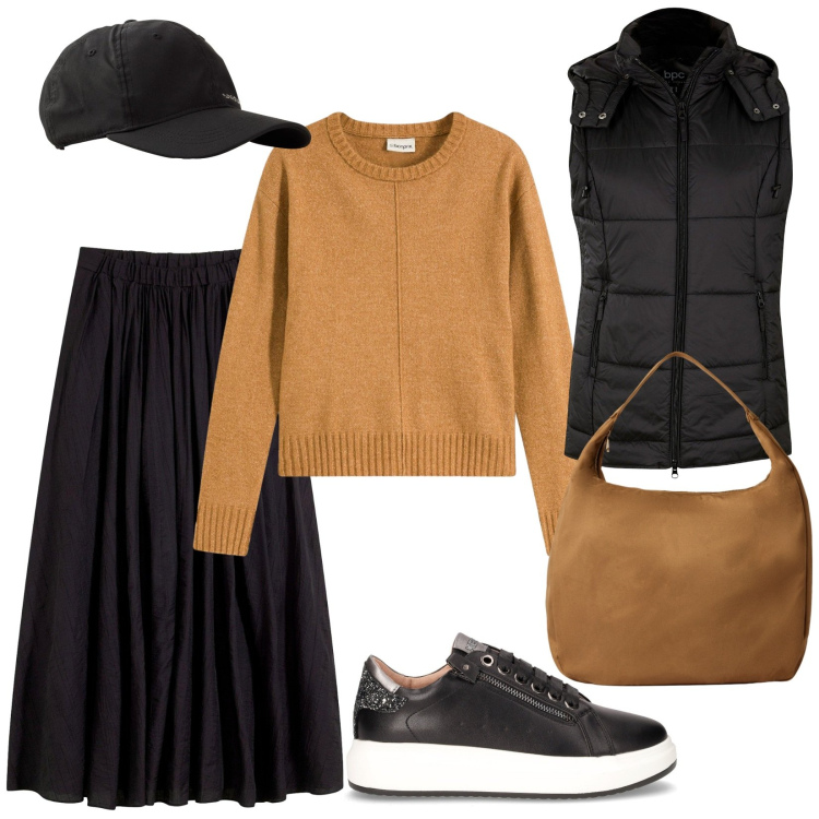 Outfit donna - Pronta per il brunch. Stile Urban per Tutti i giorni. Abbinamento con gonne lunghe, gilet, maglieria, cappelli con visiera, borse a mano, sneakers.
