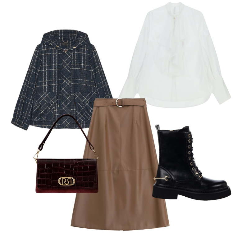 Outfit donna - Afternoon preppy. Stile Bon Ton per Ufficio. Abbinamento con anfibi, borse a mano, gonne lunghe, camicie, blazer.