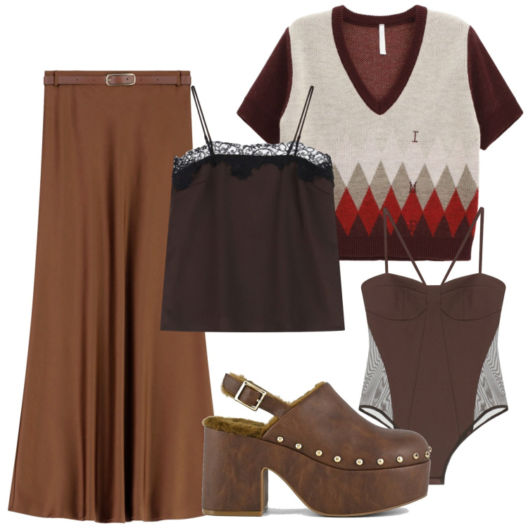 Outfit donna - Brown. Stile Trendy per Tutti i giorni. Abbinamento con gonne lunghe, body, canottiere, maglieria, sabot.