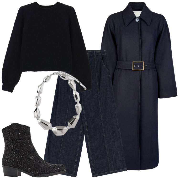 Outfit donna - Nero e denim. Stile Trendy per Tutti i giorni. Abbinamento con stivaletti texani, jeans, maglieria, cappotti, ciondoli.