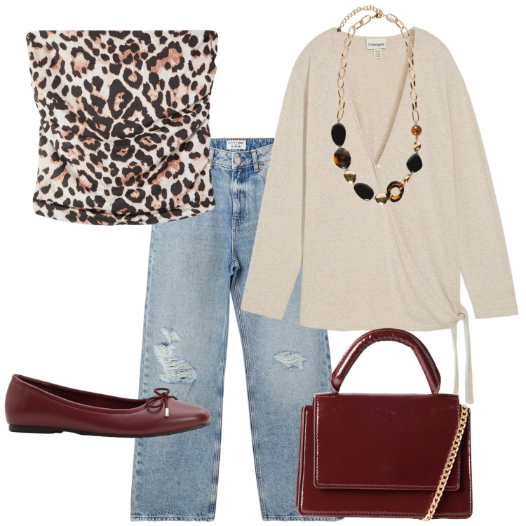 Outfit donna - Total look #2251308. Stile Casual chic per Tutti i giorni. Abbinamento con ballerine, cardigans, jeans strappati, top, borse a tracolla, collane.