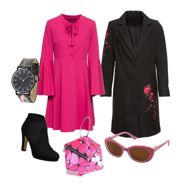 Outfit donna - Chic #590. Stile Chic per Ufficio. Abbinamento con vestito con fiocco e scollo fucsia, cappotto con ricamo e bottoni nero, orologio fantasia floreale con cinturino rosa, scarpe col tacco nero, occhiali da sole rosa, pochette con manico e ricamo con zip in raso.