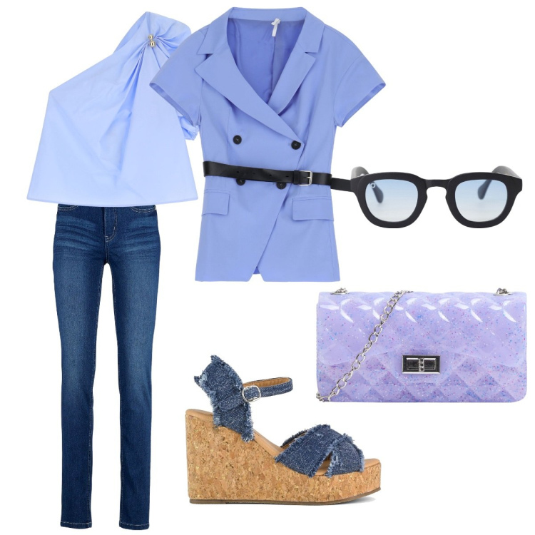 Outfit donna - Serata tra amiche. Stile Casual per Serata fuori. Abbinamento con jeans slim fit, borse a tracolla, occhiali da sole, top, blazer, zeppe.
