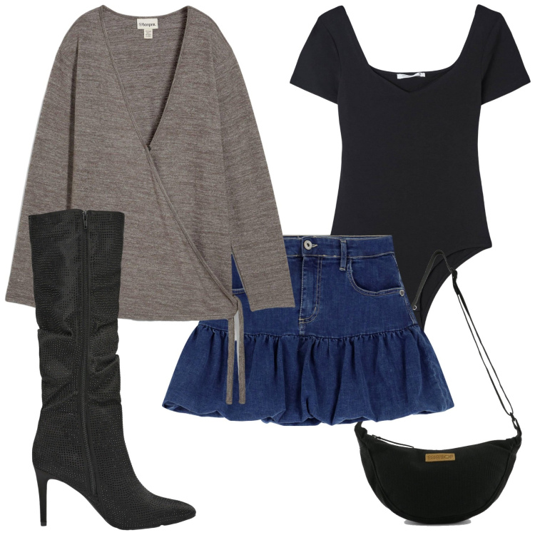 Outfit donna - Total look #2251314. Stile Glamour per Serata fuori. Abbinamento con cardigans, body, stivali, minigonne, borse a tracolla.