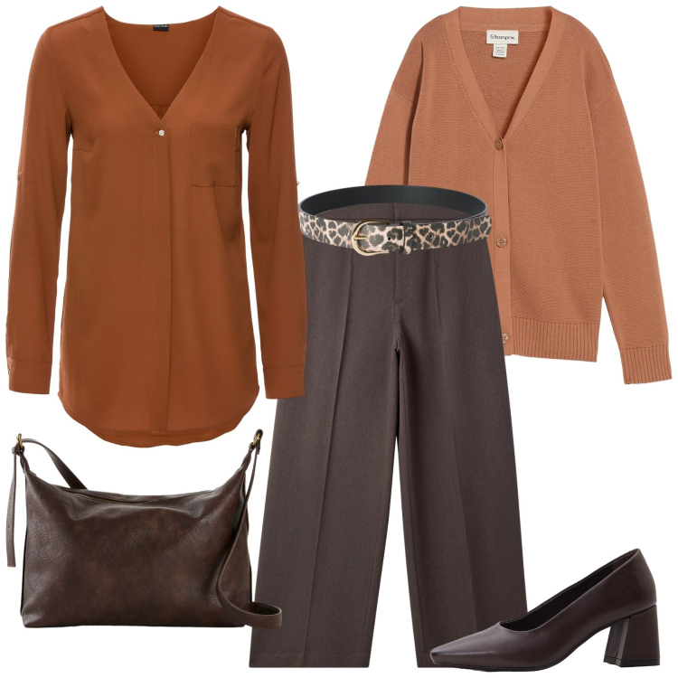 Outfit donna - Total look #2251316. Stile Minimal per Ufficio. Abbinamento con camicie, borse a tracolla, décolleté, cardigans, pantaloni, cinture.