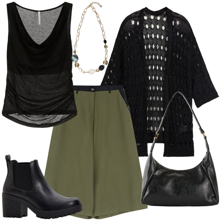 Outfit donna - Total look #2251317. Stile Urban per Tutti i giorni. Abbinamento con stivaletti chelsea, borse a mano, cardigans, pantaloni, top, collane.