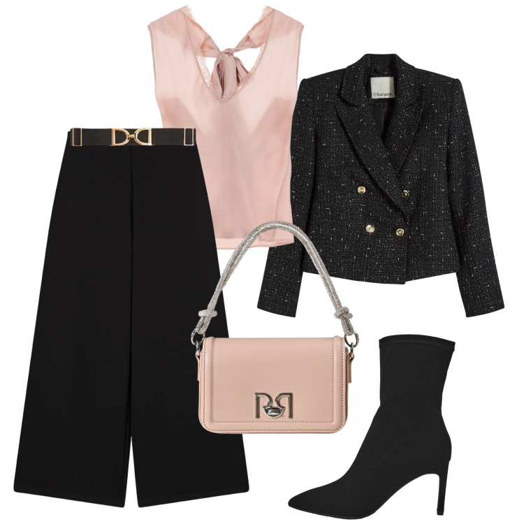 Outfit donna - Pantaloni culotte chic style. Stile Chic per Serata fuori. Abbinamento con blazer, cinture, pantaloni culotte, stivali, borse a mano, top.
