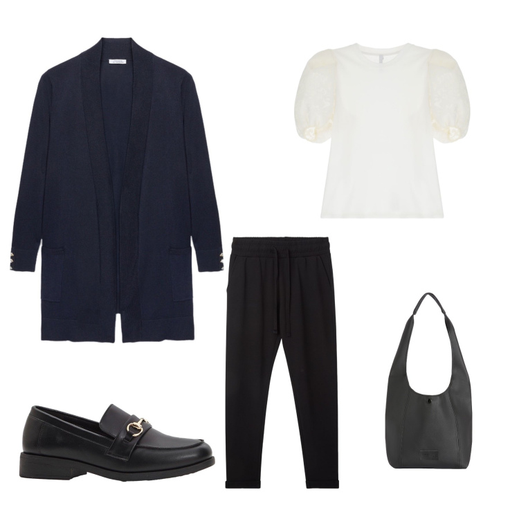 Outfit donna - Casual chic. Stile Casual chic per Tutti i giorni. Abbinamento con mocassini, pantaloni, bluse, borse a spalla, cardigans.