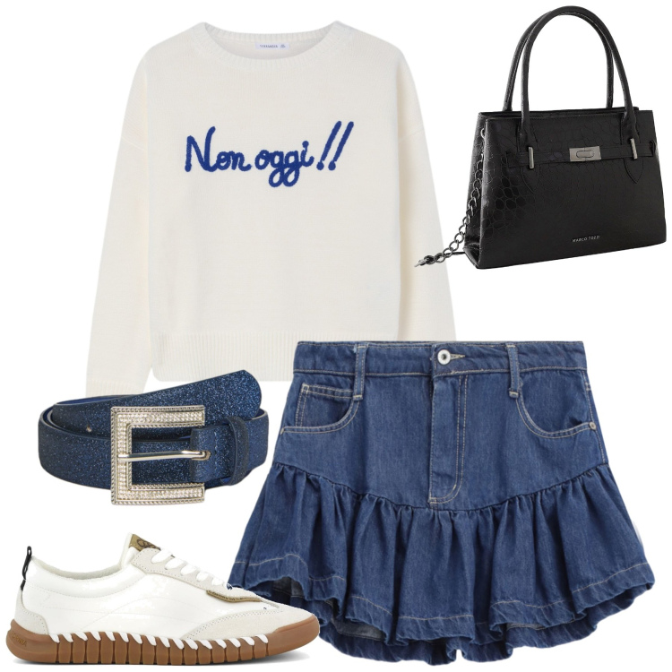 Outfit donna - Forse domani. Stile Casual per Tutti i giorni. Abbinamento con borse a mano, maglieria, minigonne, cinture, sneakers.