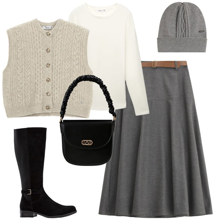 Outfit donna - Fall. Stile Urban per Tutti i giorni. Abbinamento con stivali, t-shirt, borse a mano, gonne lunghe, gilet, cappelli.