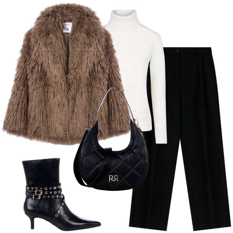 Outfit donna - City. Stile Trendy per Tutti i giorni. Abbinamento con ecopellicce, borse a tracolla, stivaletti, pantaloni a palazzo, maglieria.