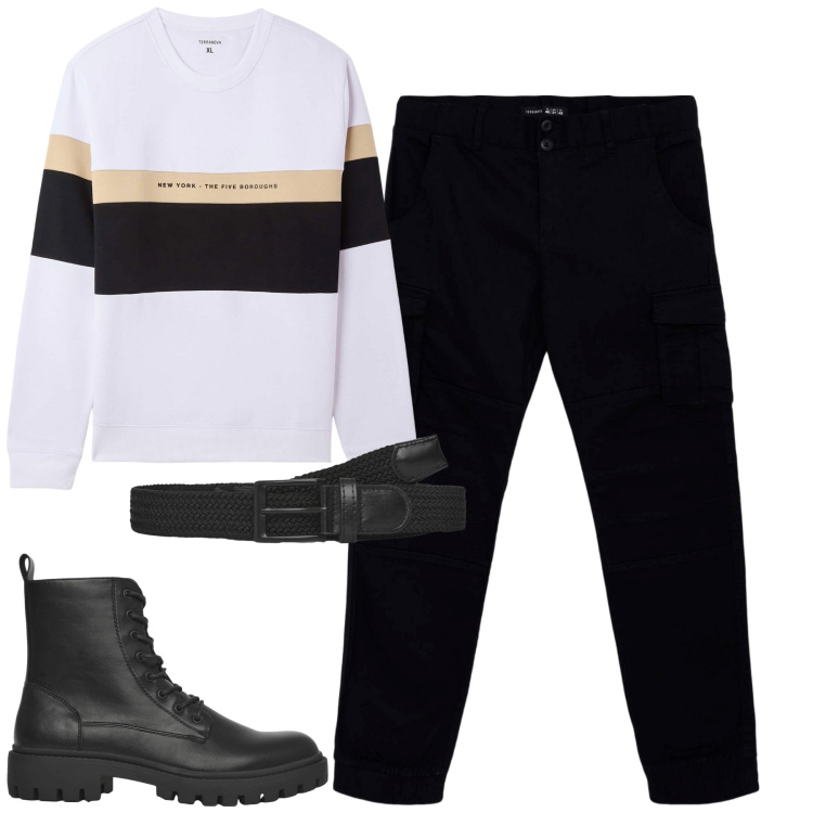 Outfit uomo - Settimana. Stile Casual per Tutti i giorni. Abbinamento con felpe con cappuccio, pantaloni cargo, cinture, anfibi.