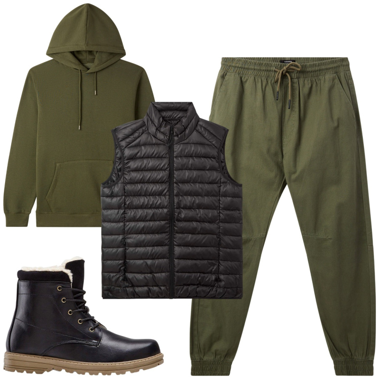 Outfit uomo - Total look #2251330. Stile Casual per Tutti i giorni. Abbinamento con stivali e stivaletti, felpe con cappuccio, piumini, pantaloni sportivi.