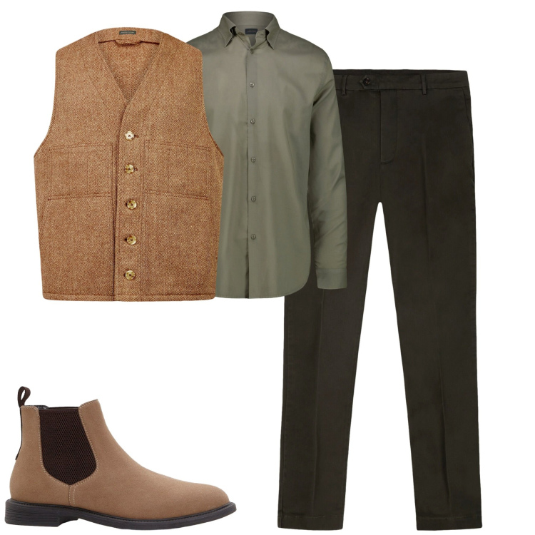 Outfit uomo - City. Stile Urban per Tutti i giorni. Abbinamento con stivali e stivaletti, gilet, camicie, pantaloni chino.