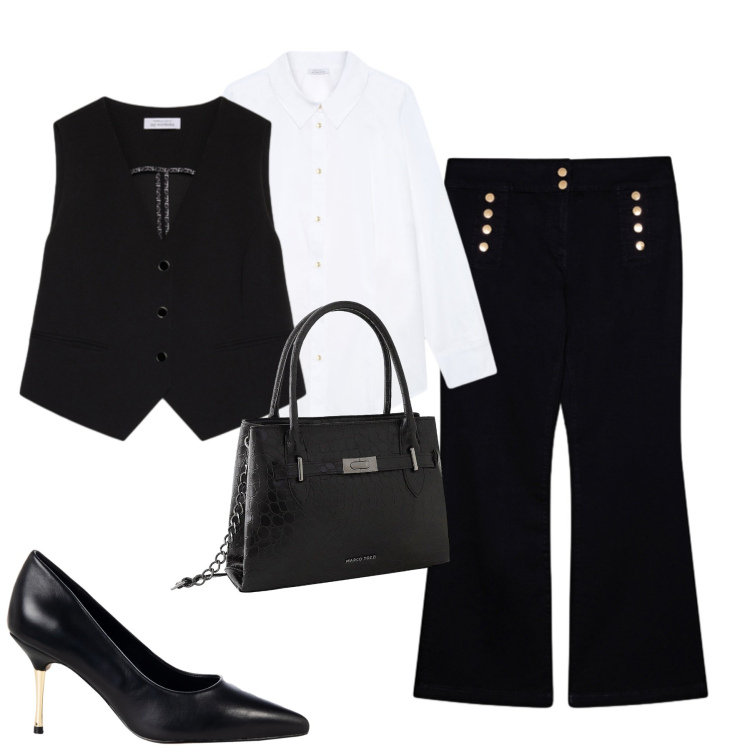 Outfit donna - City. Stile Urban per Tutti i giorni. Abbinamento con borse a mano, décolleté, gilet, camicie, jeans.