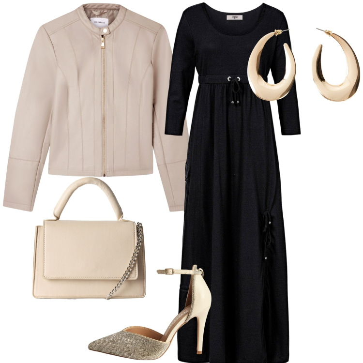 Outfit donna - Serata in compagnia. per Serata fuori. Abbinamento con vestiti lunghi, orecchini, décolleté, borse a tracolla, giacche.
