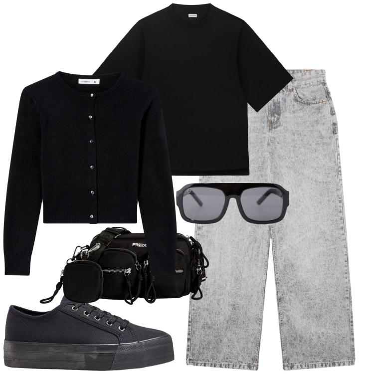 Outfit donna - Minimal. Stile Minimal per Tutti i giorni. Abbinamento con sneakers, jeans boyfriend, cardigans, occhiali da sole, borse a tracolla, t-shirt.