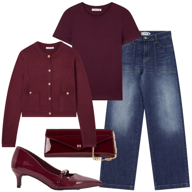 Outfit donna - Borgund and denim. Stile Chic per Tutti i giorni. Abbinamento con décolleté, cardigans, t-shirt, pochette, jeans.