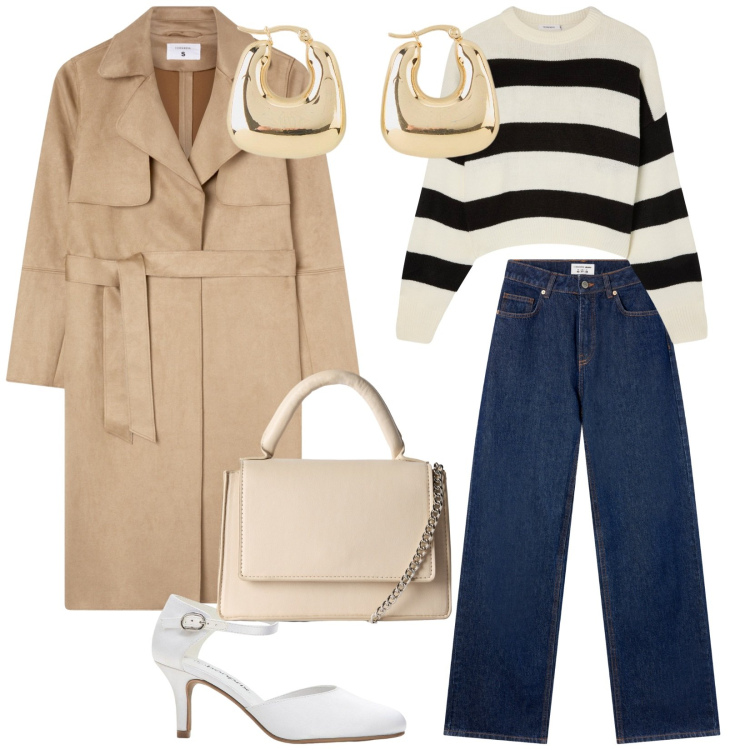 Outfit donna - Con amiche. per Tutti i giorni. Abbinamento con décolleté, orecchini, borse a tracolla, jeans, maglieria, trench.