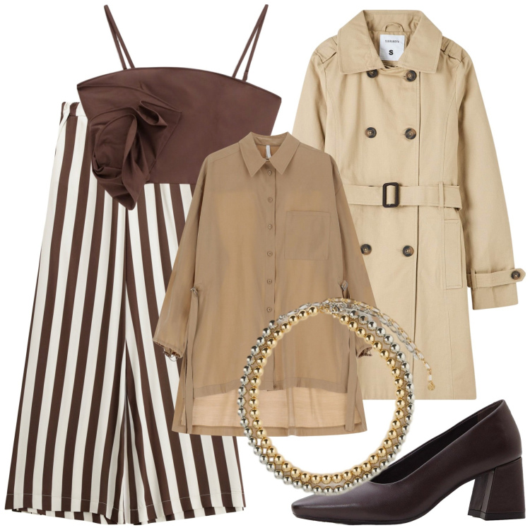 Outfit donna - Panta palazzo a righe. Stile Chic per Tutti i giorni. Abbinamento con décolleté, trench, top, pantaloni, camicie, collane.