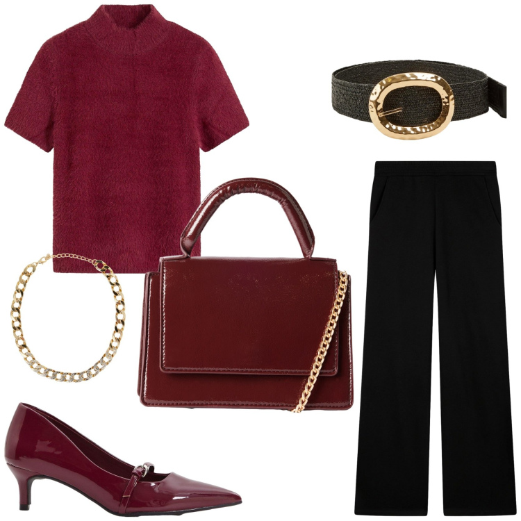 Outfit donna - Mid season style. Stile Casual chic per Tutti i giorni. Abbinamento con maglieria, décolleté, pantaloni, collane, cinture, borse a tracolla.