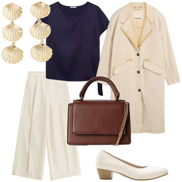 Outfit donna - Comoda ed eleganza. per Tutti i giorni. Abbinamento con décolleté, trench, orecchini, borse a tracolla, pantaloni a palazzo, bluse.