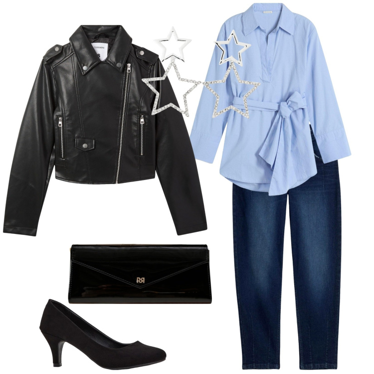 Outfit donna - Serata tra noi. per Serata fuori. Abbinamento con décolleté, camicie, jeans, giacche, orecchini, pochette.