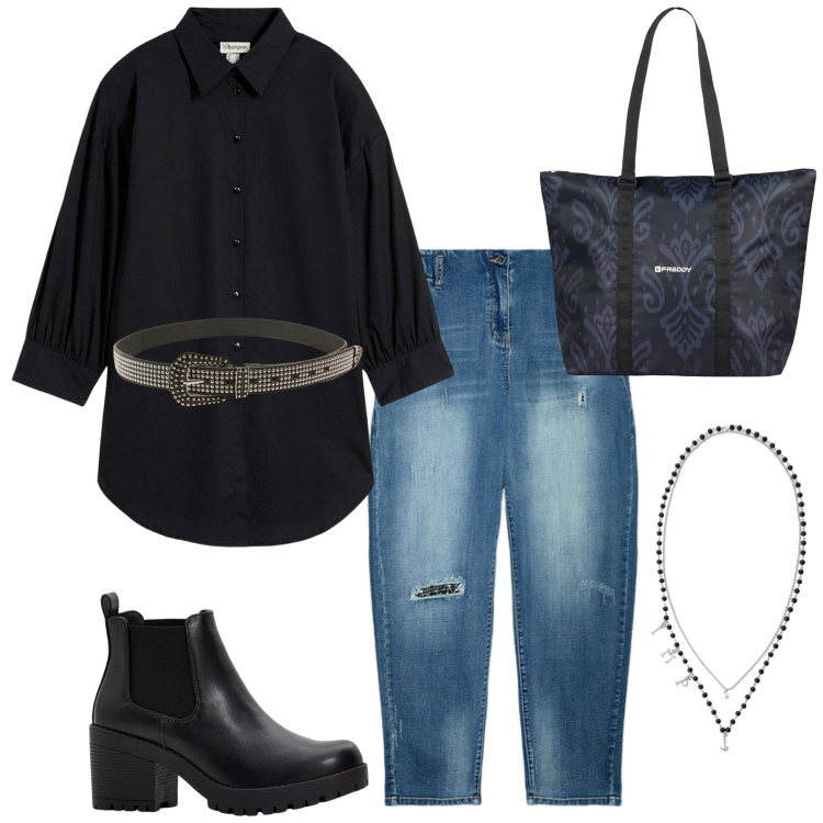 Outfit donna - Total look #2251362. Stile Basic per Ufficio. Abbinamento con stivaletti chelsea, camicie, cinture, collane, shopping bag, jeans dritti.