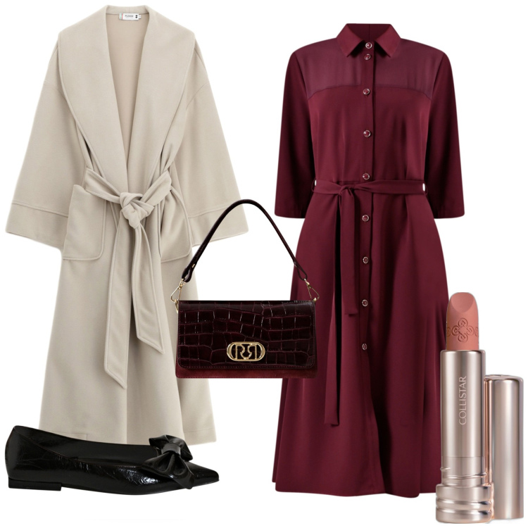 Outfit donna - Total look #2251365. Stile Glamour per Serata fuori. Abbinamento con rossetti, vestiti chemisier, ballerine, borse a mano, cappotti.